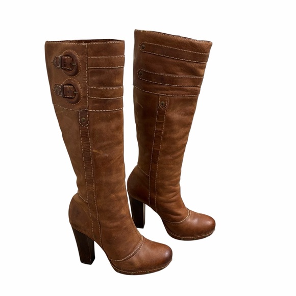 Frye Frankie Buckle Boots Leather Heeled Tall Brown 8 - Picture 2 of 12
